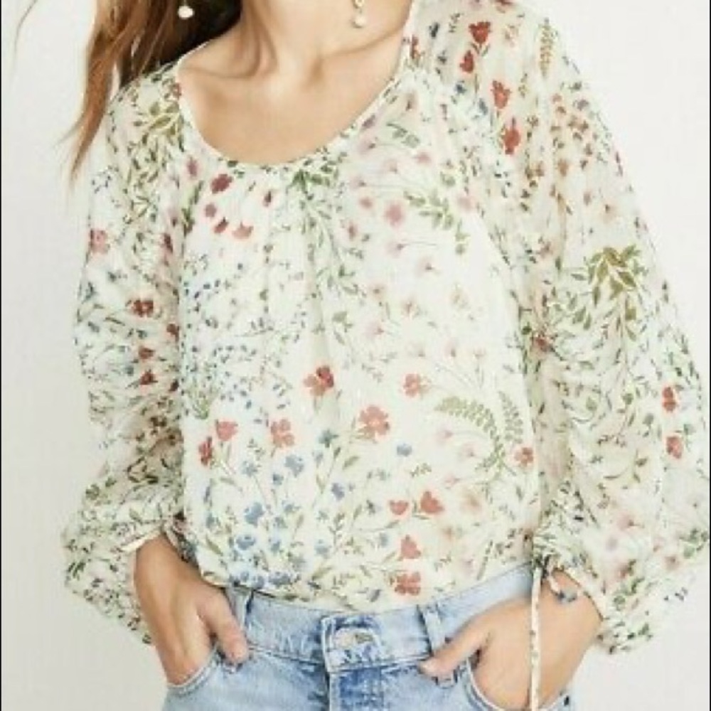 Joie Neema Ruched-Sleeve Floral-Print Top Small